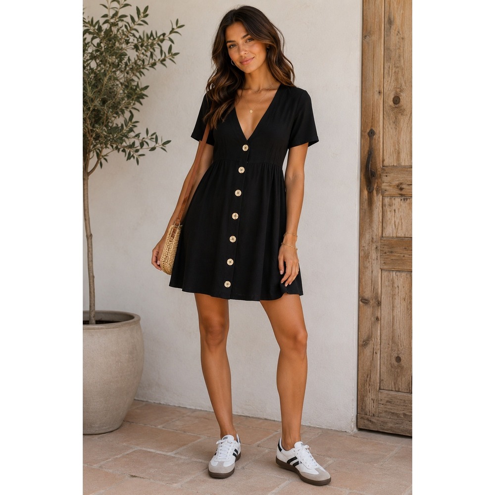 Zara TRF Black Button Front Mini Dress V Neck Fit and Flare Size XS
